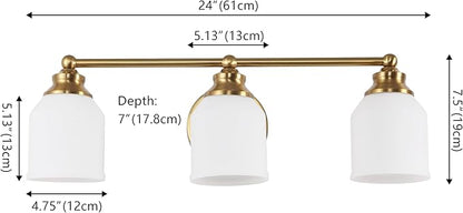 JONATHAN Y 24" Brass Gold/White Modern Farmhouse LED Vanity Light Wall Sconce Fixture, Frosted White Glass Shade, Dimmable Wall Lamp for Bathroom Mirror Kitchen Sink, UL Listed (JYL7551B)