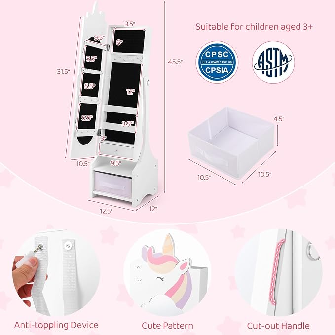 CHARMAID Kids Mirror Jewelry Cabinet - 45.5'' Full Length Mirror with Jewelry Storage, Standing Jewelry Armoire with Drawers, Kids Jewelry Organizer Box Vanity Dressing Mirror for Girls (White)