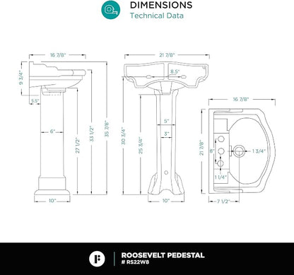 Roosevelt Bathroom Pedestal Sink – 22-Inch Small Pedestal Sink, Durable Vitreous China Ceramic with 8 Inch 3-Hole Bathroom Sink Faucet – Ideal for Modern Bathrooms