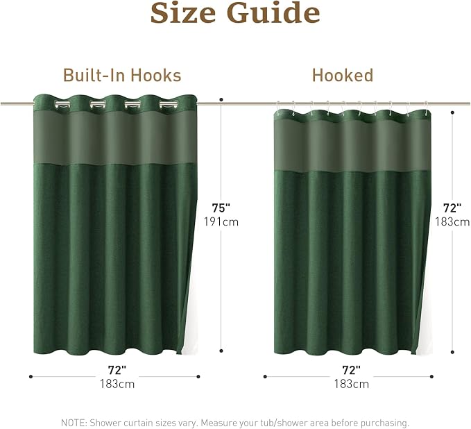 Emerald Green Ringless Linen Look Shower Curtain with Snap Liner 72x75 | 3 in 1 Modern Shower Curtain Set, Removable Liner, Waterproof & Washable, Mesh Top Window, Durable Fabric, Easy to Install