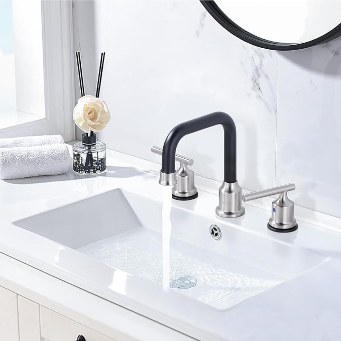 WOWOW 8 Inch Bathroom Faucet 3 Hole, Widespread Vanity Sink Faucets | Copper Inlet Brushed Nickel Black Faucet for Bathroom Sink with Swivel Spout, Lavatory Tap with Drain and Supply Line