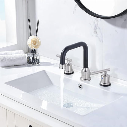 WOWOW 8 Inch Bathroom Faucet 3 Hole, Widespread Vanity Sink Faucets | Copper Inlet Brushed Nickel Black Faucet for Bathroom Sink with Swivel Spout, Lavatory Tap with Drain and Supply Line