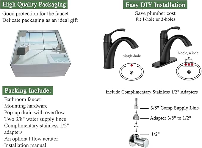 Bathroom Sink Faucet Matte Black, Single Handle Bathroom Faucet for 1 Hole with 3 Holes Deck Plate, Lavatory Vanity Faucets, Pop Up Drain and Water Supply Lines Included, TAF206-MB