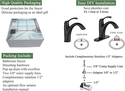 Bathroom Sink Faucet Matte Black, Single Handle Bathroom Faucet for 1 Hole with 3 Holes Deck Plate, Lavatory Vanity Faucets, Pop Up Drain and Water Supply Lines Included, TAF206-MB