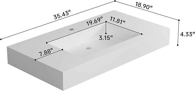 SJ Star&Jane 35" x 19" in Solid Surface Bathroom Sink, Wall-Mount or Countertop Vessel Sink, Rectangle Floating Vanity Sink, Pre-installed Faucet Holes, Durable Modern Design