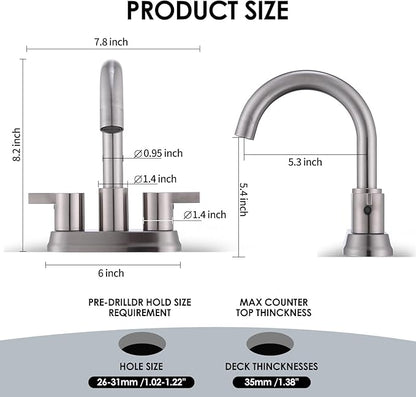 Two Handle 4 inch Brushed Nickel Bathroom Faucet, Bathroom Sink Faucet for 3 Holes with Pop-up Drain and 2 Supply Hoses, Lead-Free