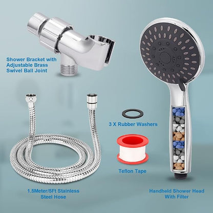 High Pressure Handheld Shower Head 5-Settings with Hard Water Filter | Powerful Water Spray, Against Low Pressure Water Flow, 59 Inch Stainless Hose, Adjustable Mount