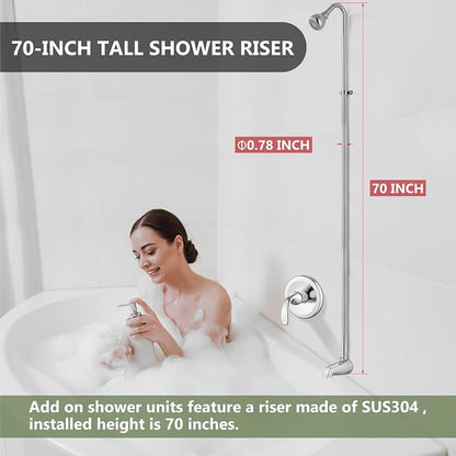 Tub Shower Conversion Kit with Riser and Shower Head, Polished Chrome | 70-Inch SUS304 Shower Riser, 360° Swivel Head, Diverter Tub Spout, Wall Mount