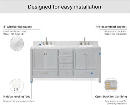 ARIEL Cambridge 72-inch Bathroom Vanity with Sink,Solid Wood, 2-inch Italian Carrara Marble Countertop, Double Rectangular Porcelain Sink, 4 Soft Closing Doors, 6 Dovetail Drawers, Grey