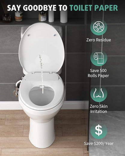 SR SUN RISE Non-Electric Bidet Toilet Seat with Dual Nozzles for Feminine & Rear Wash, Adjustable Pressure, Ambient Water Temperature, Self-Cleaning Nozzles, Easy Installation for Elongated Toilets