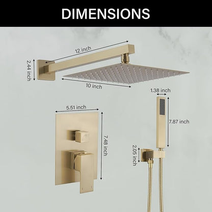 BWE Shower Faucet Brushed Gold 12 Inch Square Bathroom Luxury Rain Mixer Shower Combo Set 2-Functions Wall Mounted Rainfall Shower Head System Rough-in Valve Body and Trim Included