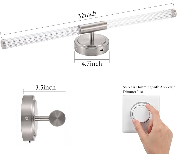 URSOLA 32" Modern LED Bathroom Light Fixtures, Brushed Nickel 3CCT Dimmable Bathroom Vanity Light Over Mirror, Bathroom Vanity Bath Bar Lights with 360° Removable Acrylic Light Tube