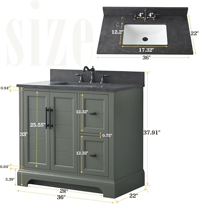 Vanity Art 36 Inch Bathroom Vanity with Single Sink, Vintage Green | Solid Wood, Ceramic Sink, Marble Top, Waterproof Backsplash, Pre-assembled, Soft-close Doors, Ample Storage, Freestanding