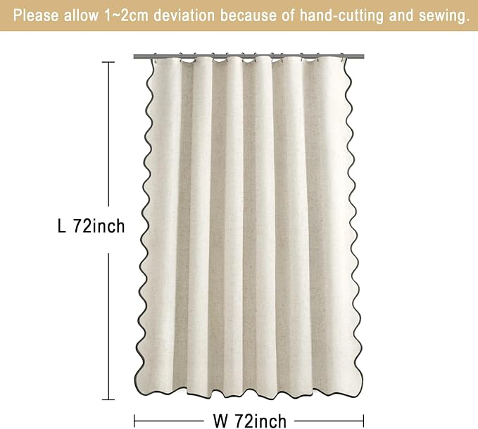 Scalloped Shower Curtain Linen Boho Flax Cream 72" W x 72" L | Linen Fabric, Black Border, Washable, Heavy Duty Cloth, Shower Curtain for Boho Farmhouse Bathroom Bathtub