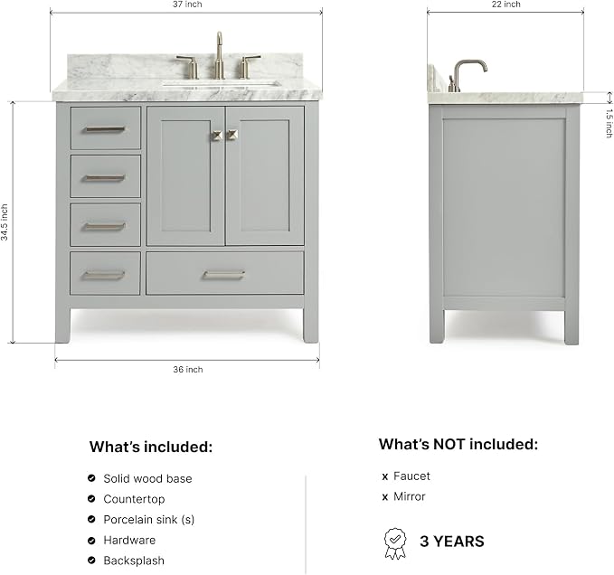 ARIEL Cambridge 36-inch Bathroom Vanity with Sink,Solid Wood, 1.5-inch Italian Carrara Marble Countertop, Single Rectangular Porcelain Sink, 2 Soft Closing Doors, 5 Dovetail Drawers, Grey