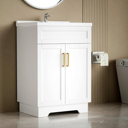 Bathroom Vanity with Ceramic Sink, Bathroom Vanity Cabinet with 2 Doors, 24 Inches Wooden Cabinet with Sink, White
