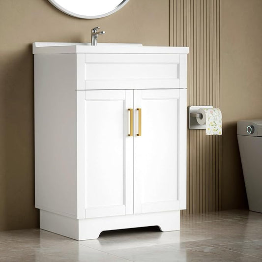 Bathroom Vanity with Ceramic Sink, Bathroom Vanity Cabinet with 2 Doors, 24 Inches Wooden Cabinet with Sink, White