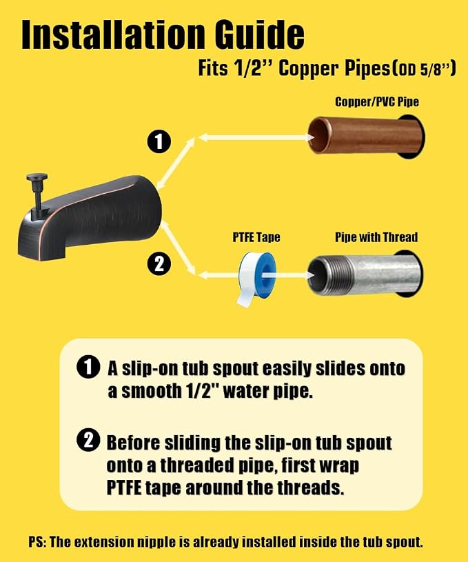 Tub Spout with Diverter, Slip On Bathtub Spout Fits 1/2'' Copper Tube(5/8'' Dia), Bathroom Tub Faucet with PTFE Tape & Hex Wrench, Oil Rubbed Bronze