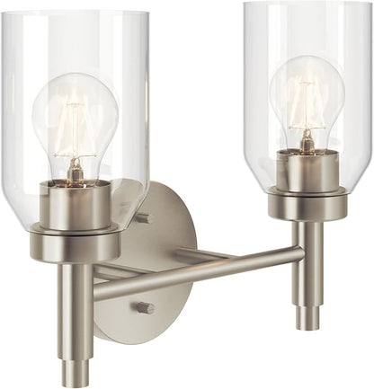 Kichler Madden 2-Light Vanity with Clear Glass in Brushed Nickel, Sloped Ceiling Compatible, for Single or Double Vanity in Bathroom (10.5" x 14.25"), 55184NI