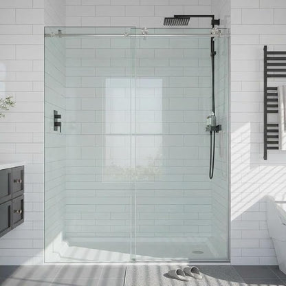 Frameless Sliding Shower Door, Adjustable 56"-60" W x 76" H with 1/4" SGCC Tempered Clear Glass & Easy-to-Clean Coating, Silver Stainless Steel Round Rail, One Fixed One Sliding