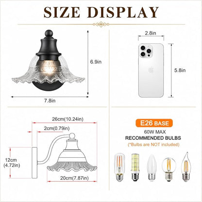 Matte Black Bathroom Wall Sconce Vintage Style, E26 Easy Mounted | Vanity Light with Flower Glass Shade, Bathroom Wall Lighting Fixture Beside Mirror, Easy Mounted for Bedroom, Hallway