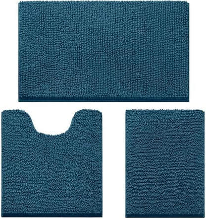 HOMEIDEAS Atlantic Blue Chenille Bath Rugs Set of 3, Non Slip Bath Mat