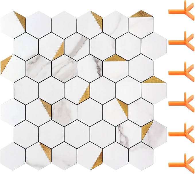 STICKGOO Peel and Stick Backsplash for Kitchen, Self-Adhesive Tile Hexagon Mosaic Tiles (10 Sheets, White Marble with Metal Gold )