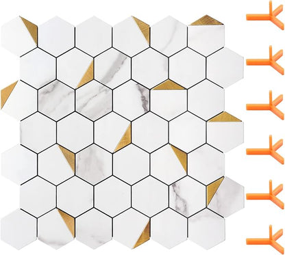 STICKGOO Peel and Stick Backsplash for Kitchen, Self-Adhesive Tile Hexagon Mosaic Tiles (10 Sheets, White Marble with Metal Gold )