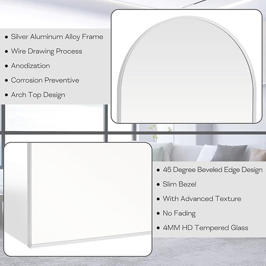 30" x 48" Silver Arched Mirror, Arch Wall Mirror, Metal Frame Black Bathroom Mirror, Arched Top Bathroom Vanity Mirror for Living Room, Bedroom, Entryway, Tempered Glass, Shatter Proof