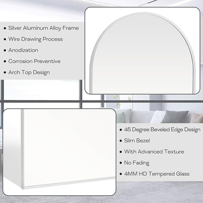 Silver Arched Mirror 28x36in, Metal Framed Bathroom Vanity Wall | Tempered Glass, Shatter Proof, Living Room Bedroom Entryway, Modern Elegant Design