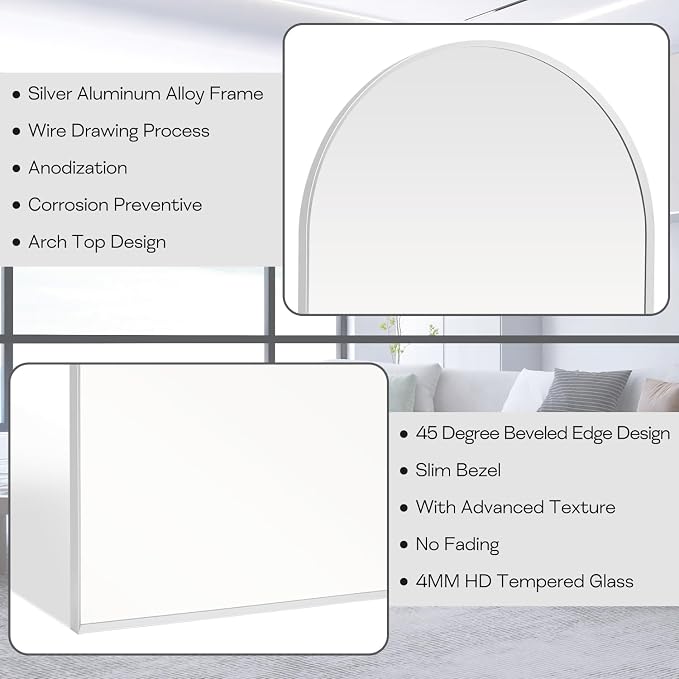 Silver Arched Mirror 24x36in, Metal Framed Bathroom Vanity Wall | Tempered Glass, Shatter Proof, Living Room Bedroom Entryway, Modern Elegant Design