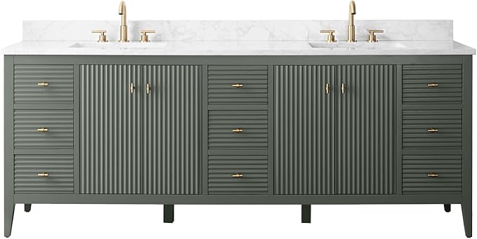 HOMEBEYOND 84" Bathroom Vanity with Double Sink & Engineered Marble Top, Solid Wood Frame, Linear Pattern & Soft Close Door | Golden Brushed Handware,Vintage Green