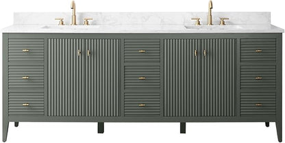 HOMEBEYOND 84" Bathroom Vanity with Double Sink & Engineered Marble Top, Solid Wood Frame, Linear Pattern & Soft Close Door | Golden Brushed Handware,Vintage Green