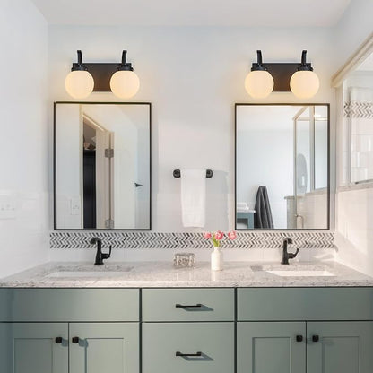 2 Lights Bathroom Vanity Light Fixtures Modern Sand Black Vanity Light with Milk White Glass Globe Shade Bathroom Lighting Over Mirror Wall Sconce for Bedroom Living Room Hallway