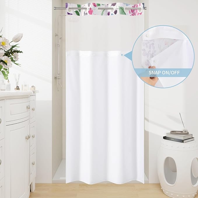 No Hook Colorful Watercolor Floral Shower Curtain and Liner Set, 36x74 | Spring Flower Shower Curtains with Snap-in Liner for Farmhouse Bathroom Decor, Botanical Bathroom Curtain with Leaves