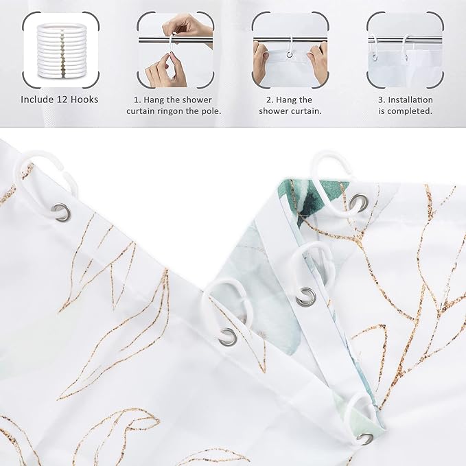 Eucalyptus Leaf Shower Curtains, Weighted Bottom Sage Green Watercolor Botanical Plants with Gold Branches Spring Fabric Bathroom Curtain Waterproof Washable 12 Hooks,60''x72'' (GCI-8126)