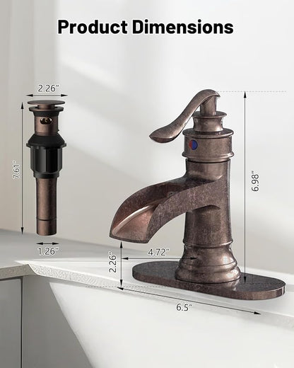 Copper Waterfall Bathroom Faucet Brass Single Handle Bathroom Sink Faucet | 1 Hole or 3 Hole Sink Brass Waterfall Faucet for Vintage Antique Lavatory Washroom with Pop Up Drain Deck Plate by BATHLAVISH