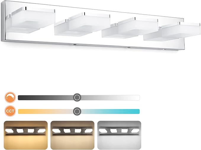 GOODATE 3 Colors Dimmable Vanity Lights for Bathroom, LED Chrome 4 Light Vanity Light, Acrylic Stainless Steel Bathroom Light Fixtures Over Mirror, Adjustable 3000K/4000K/6000K, 360° Rotate
