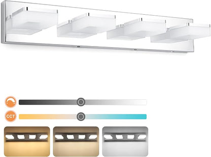 GOODATE 3 Colors Dimmable Vanity Lights for Bathroom, LED Chrome 4 Light Vanity Light, Acrylic Stainless Steel Bathroom Light Fixtures Over Mirror, Adjustable 3000K/4000K/6000K, 360° Rotate