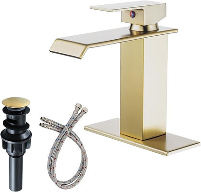 Brushed Gold Bathroom Faucet, Waterfall Bathroom Sink Faucet, Single Hole Deck Mounted Single Handle Lavatory Vanity with Pop Up Drain Parts Mixer Tap Basin Modern Bath
