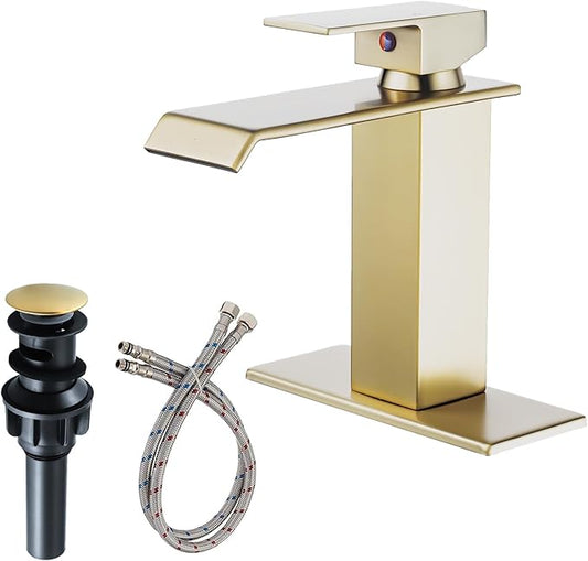 Brushed Gold Bathroom Faucet, Waterfall Bathroom Sink Faucet, Single Hole Deck Mounted Single Handle Lavatory Vanity with Pop Up Drain Parts Mixer Tap Basin Modern Bath