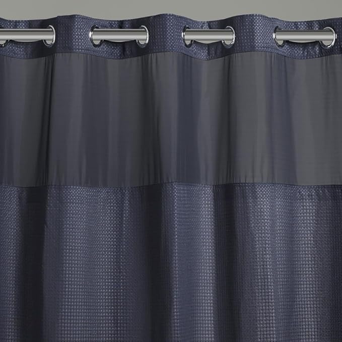Hookless It’s A Snap! Waffle Shower Curtain, 3-in-1 Shower Curtain Includes Fabric Shower Curtain with Sheer Top Window, Flex-On Rings & Fabric Liner, 71” x 74”, Navy