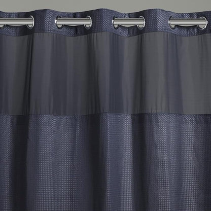 Hookless It’s A Snap! Waffle Shower Curtain, 3-in-1 Shower Curtain Includes Fabric Shower Curtain with Sheer Top Window, Flex-On Rings & Fabric Liner, 71” x 74”, Navy