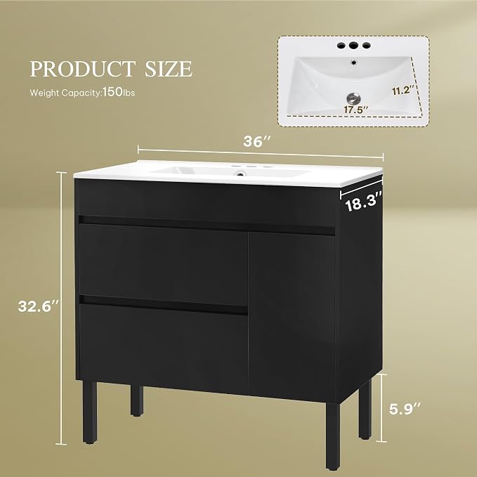 YITAHOME 36 Inch Bathroom Vanity with Sink | Bathroom Cabinet Vanity for Media Space, Freestanding Storage Bathroom Vanity with 1 Soft Closing Cabinet & 2 Drawers, Black