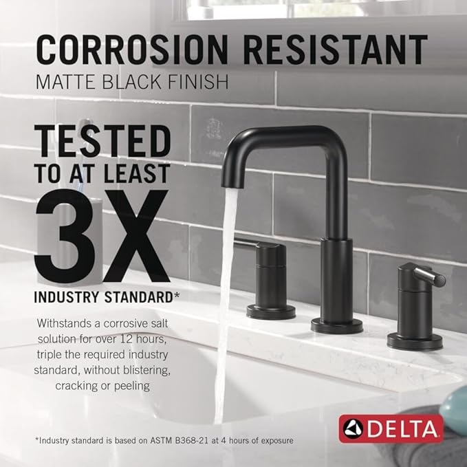 Delta Nicoli Matte Black Bathroom Faucet 3 Hole, 8 Inch Widespread Bathroom Sink Faucet for Vanity, Push-Pop Drain Assembly, Matte Black 35849LF-BL