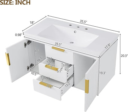 36 Inch Bathroom Vanity with Sink, Wall Mounted Bathroom Storage Cabinet with 2 Doors and 2 Drawers, Floating Bathroom Vanities with Decor Line