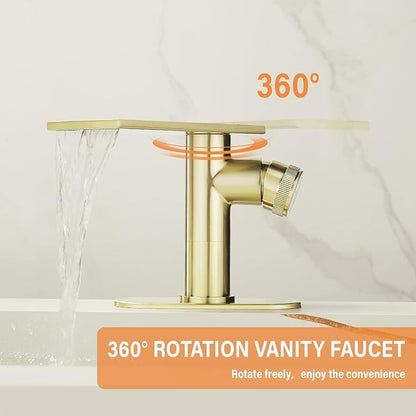 becola Modern Brushed Gold Bathroom Faucet，Waterfall Faucet for Bathroom Sink，Single Hole Cold and Hot Basin Mixer Tap，Single Handle Vanity Faucet with Adjust Knobs and Deck Plate