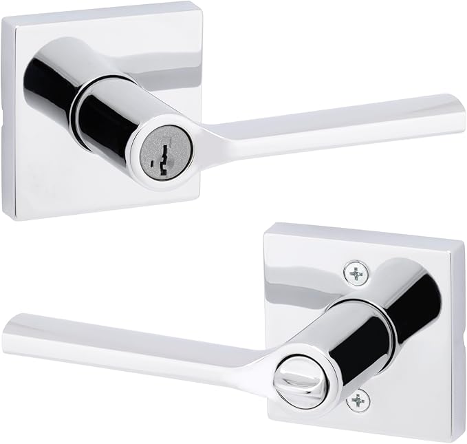 Kwikset Lisbon Square Entry Door Knob with Lock and Key, Secure Keyed Handle Exterior, Front Entrance and Bedroom, Polished Chrome, Pick Resistant SmartKey Rekey Security