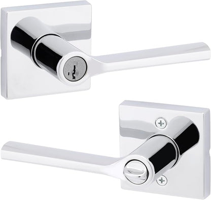 Kwikset Lisbon Square Entry Door Knob with Lock and Key, Secure Keyed Handle Exterior, Front Entrance and Bedroom, Polished Chrome, Pick Resistant SmartKey Rekey Security