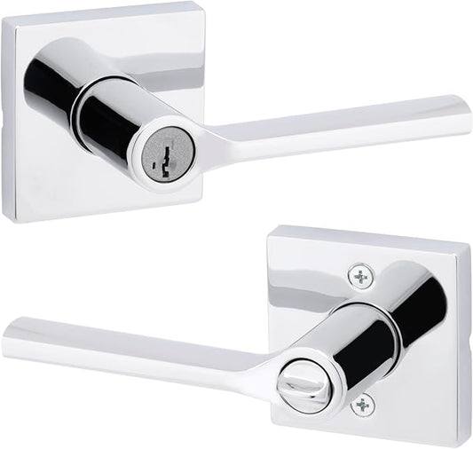 Kwikset Lisbon Square Entry Door Knob with Lock and Key, Secure Keyed Handle Exterior, Front Entrance and Bedroom, Polished Chrome, Pick Resistant SmartKey Rekey Security